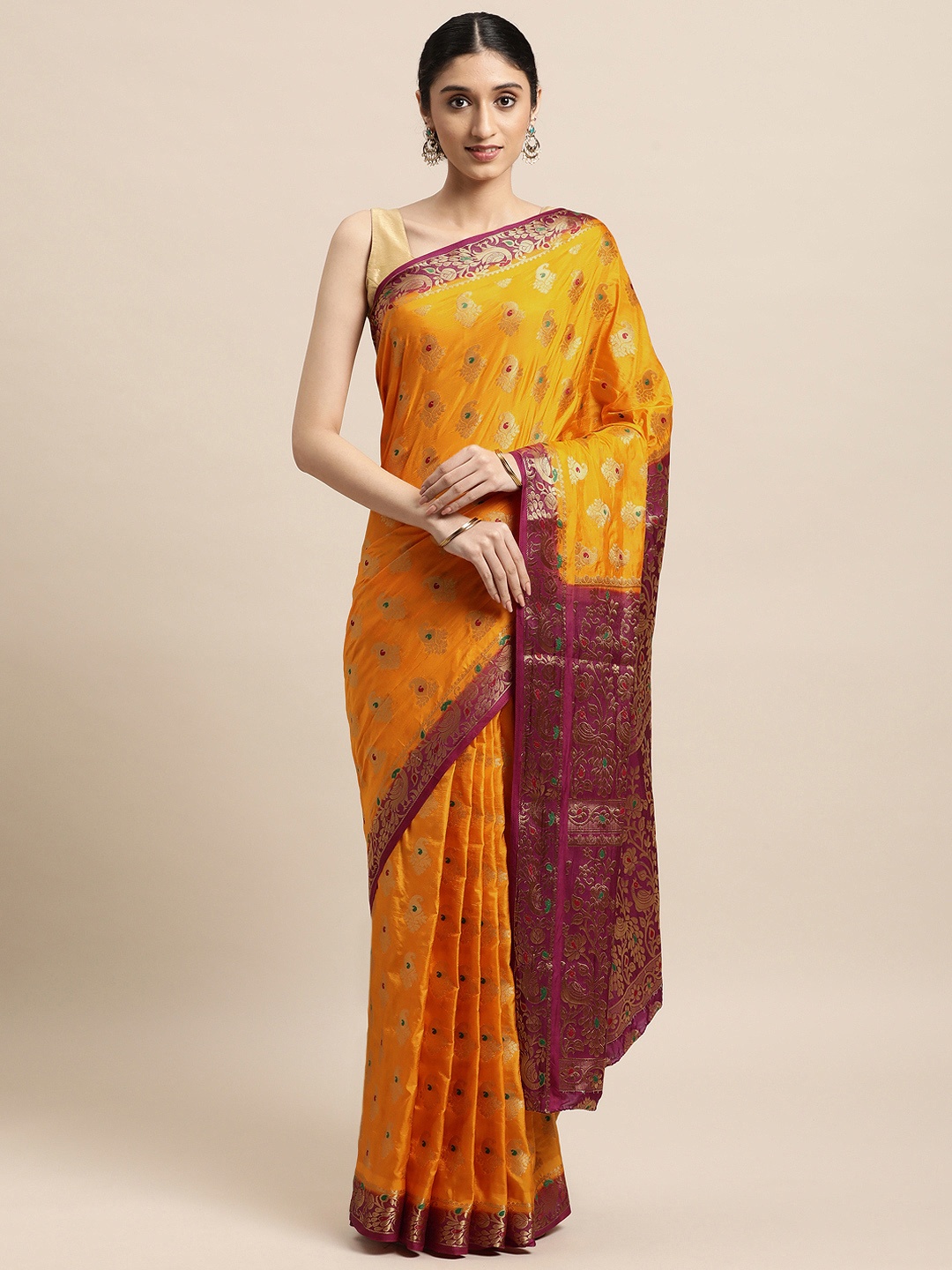 

Mitera Yellow & Gold-Toned Paisley Zari Art Silk Kanjeevaram Saree