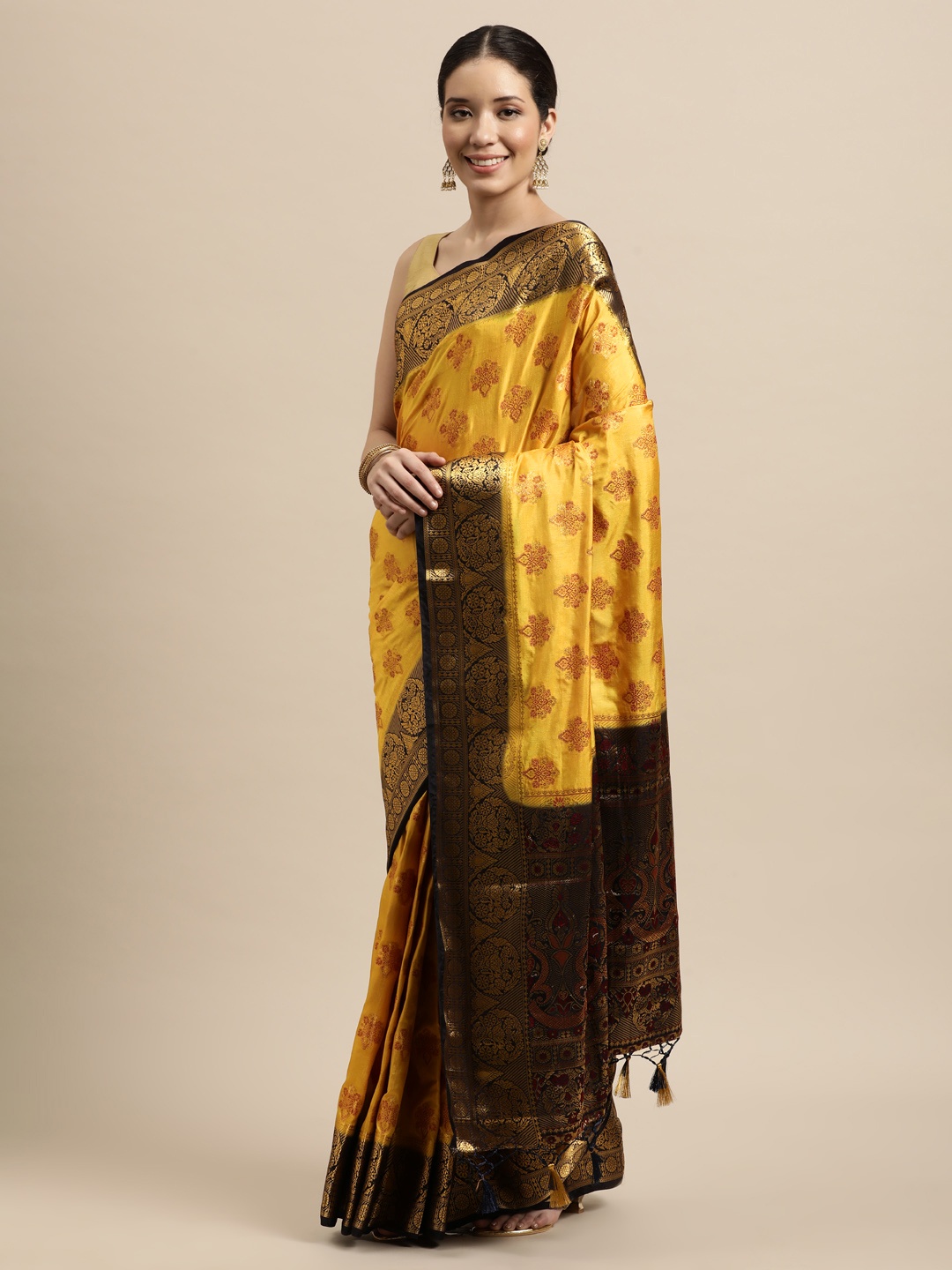 

Mitera Yellow & Gold-Toned Ethnic Motifs Zari Art Silk Kanjeevaram Saree