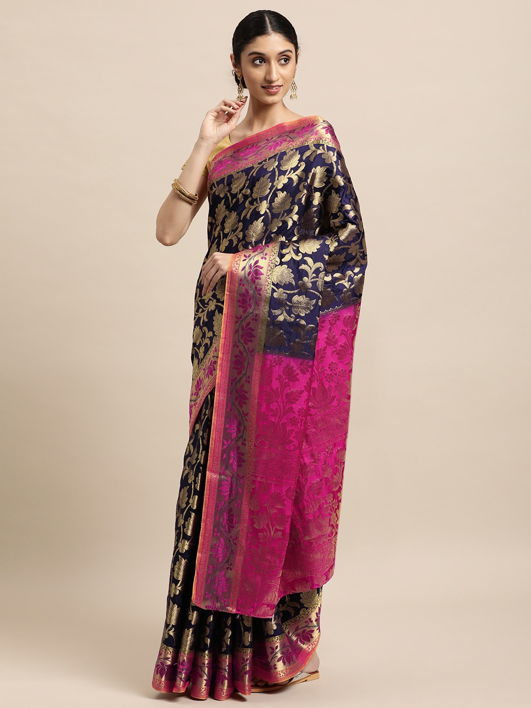 

Mitera Navy Blue & Gold-Toned Floral Zari Art Silk Kanjeevaram Saree
