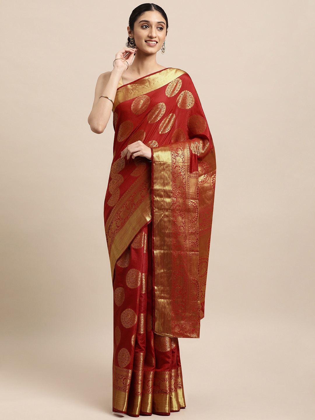 

Mitera Red & Gold-Toned Ethnic Motifs Zari Art Silk Kanjeevaram Saree