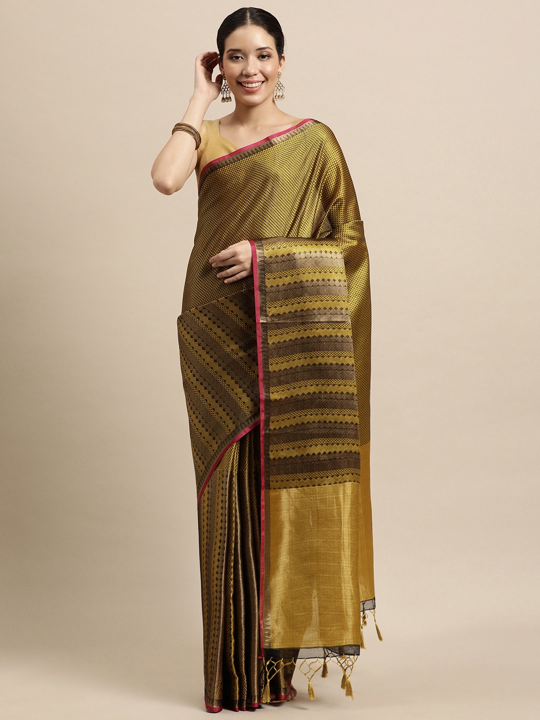 

Mitera Olive Green & Yellow Art Silk Banarasi Saree