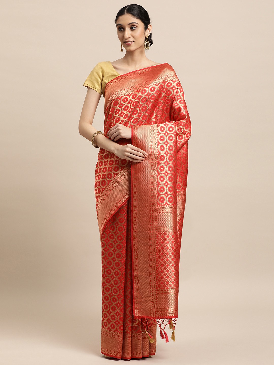 

Mitera Red & Gold-Toned Ethnic Motifs Zari Art Silk Kanjeevaram Saree