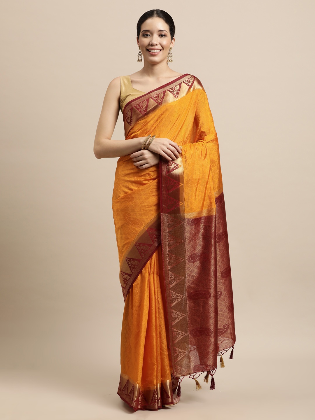 

Mitera Mustard Yellow Paisley Art Silk Kanjeevaram Saree