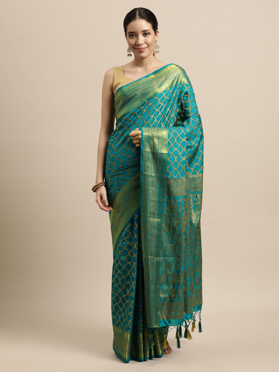 

Mitera Turquoise Blue & Beige Art Silk Kanjeevaram Saree