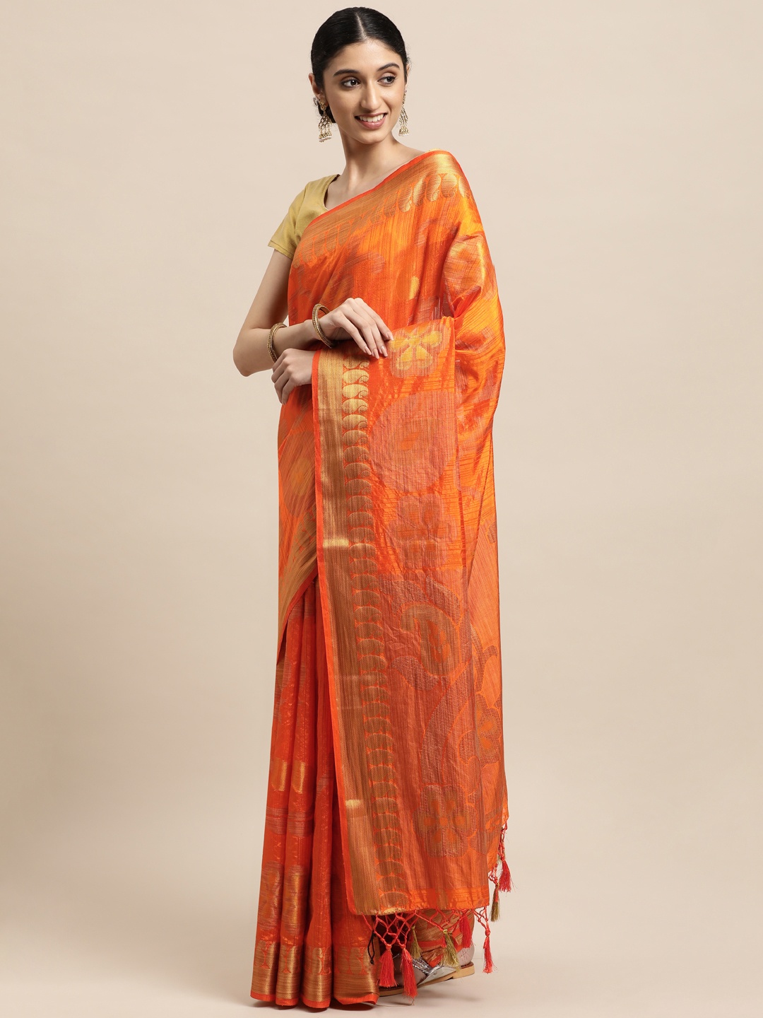 

Mitera Orange Paisley Zari Art Silk Kanjeevaram Saree