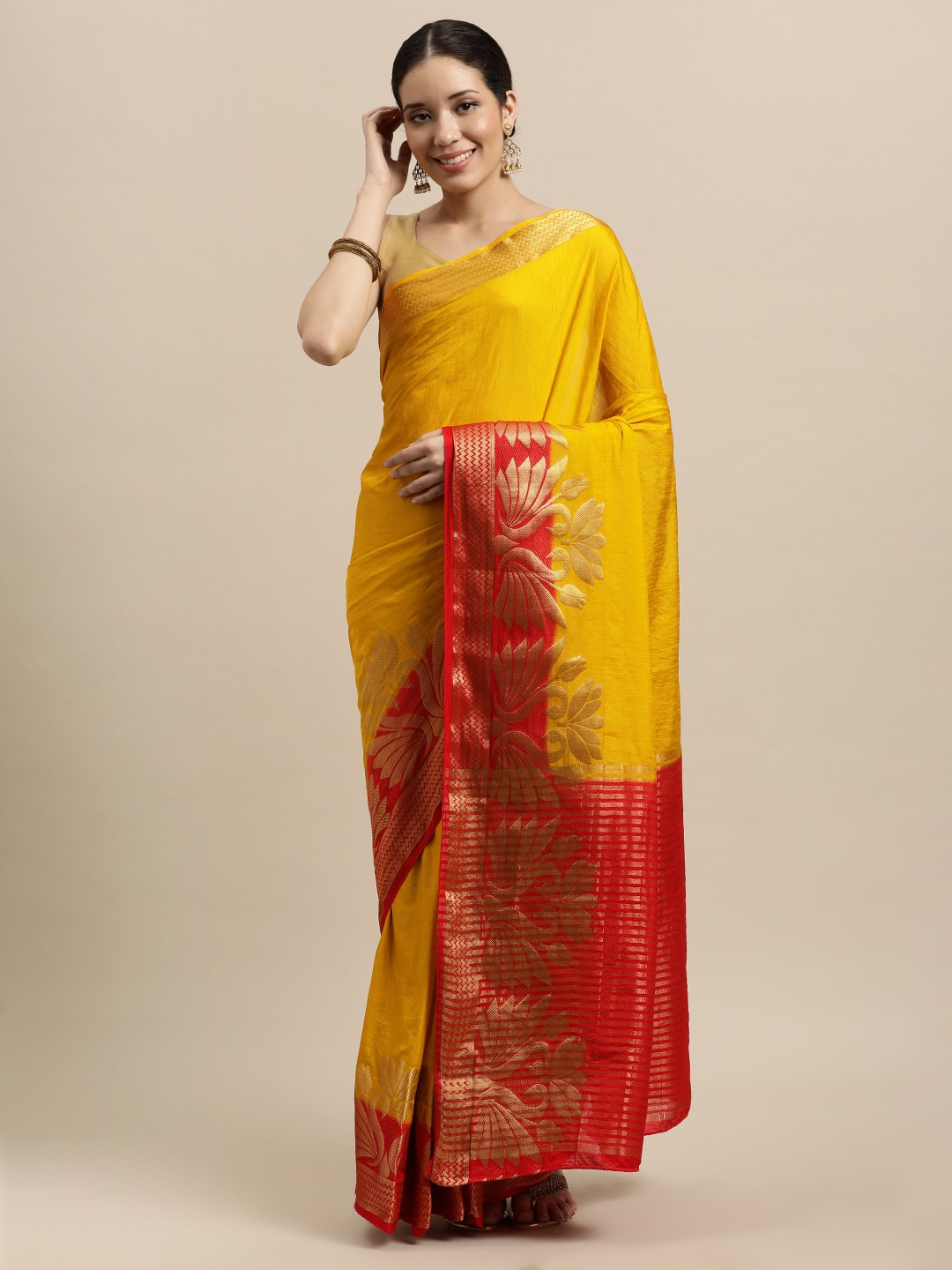 

Mitera Yellow Ethnic Motifs Linen Blend Kanjeevaram Saree
