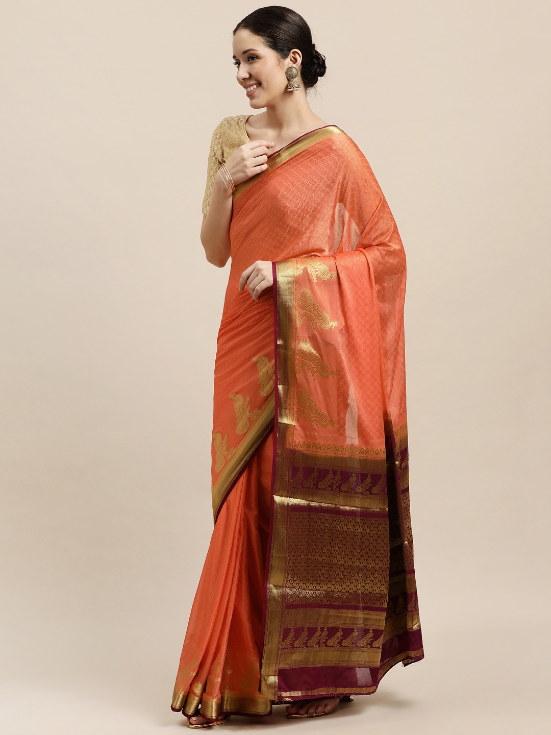 

Mitera Orange Woven Design Kanjeevaram Saree