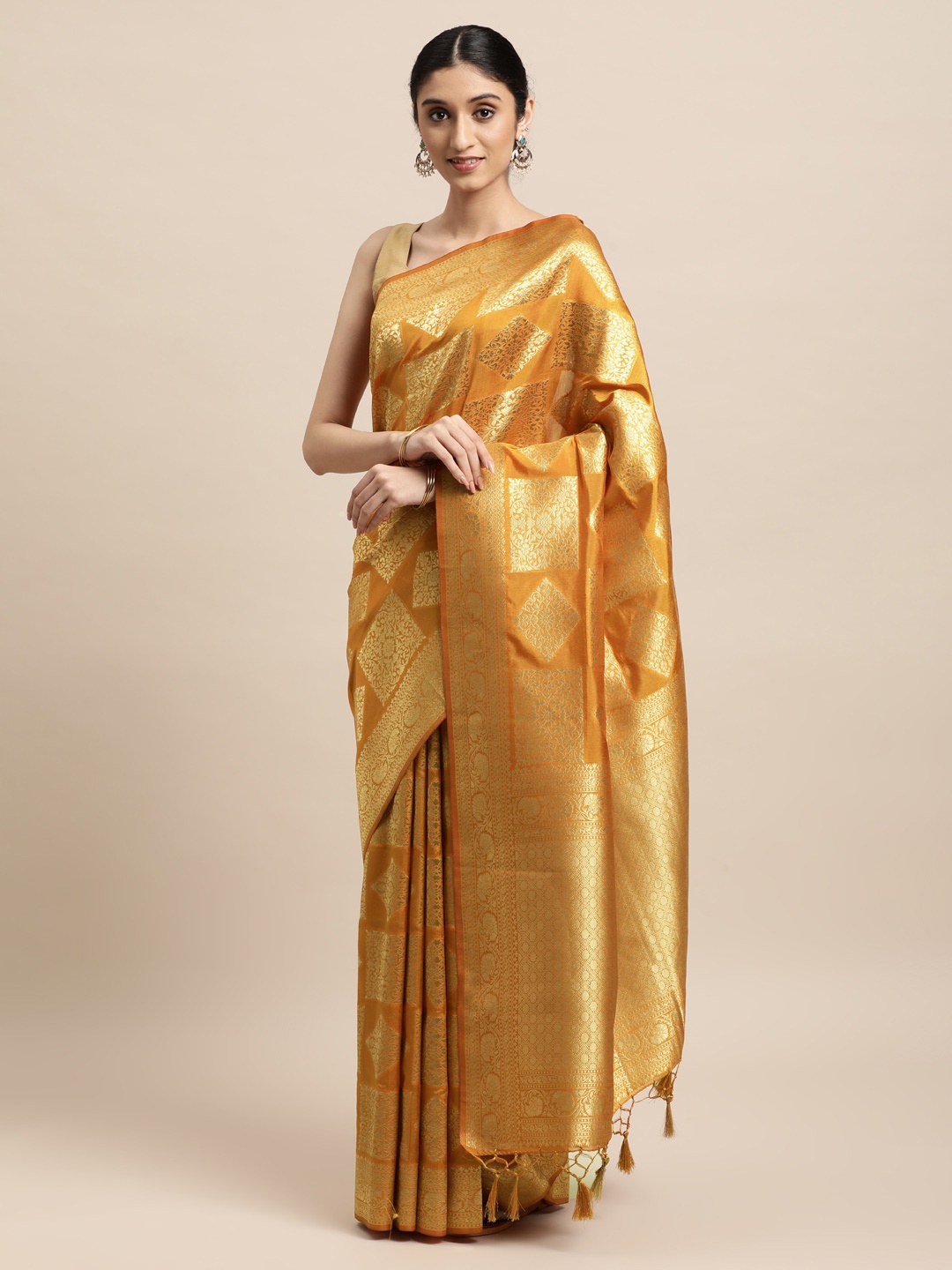 

Mitera Mustard Yellow & Gold-Toned Ethnic Motifs Zari Art Silk Kanjeevaram Saree