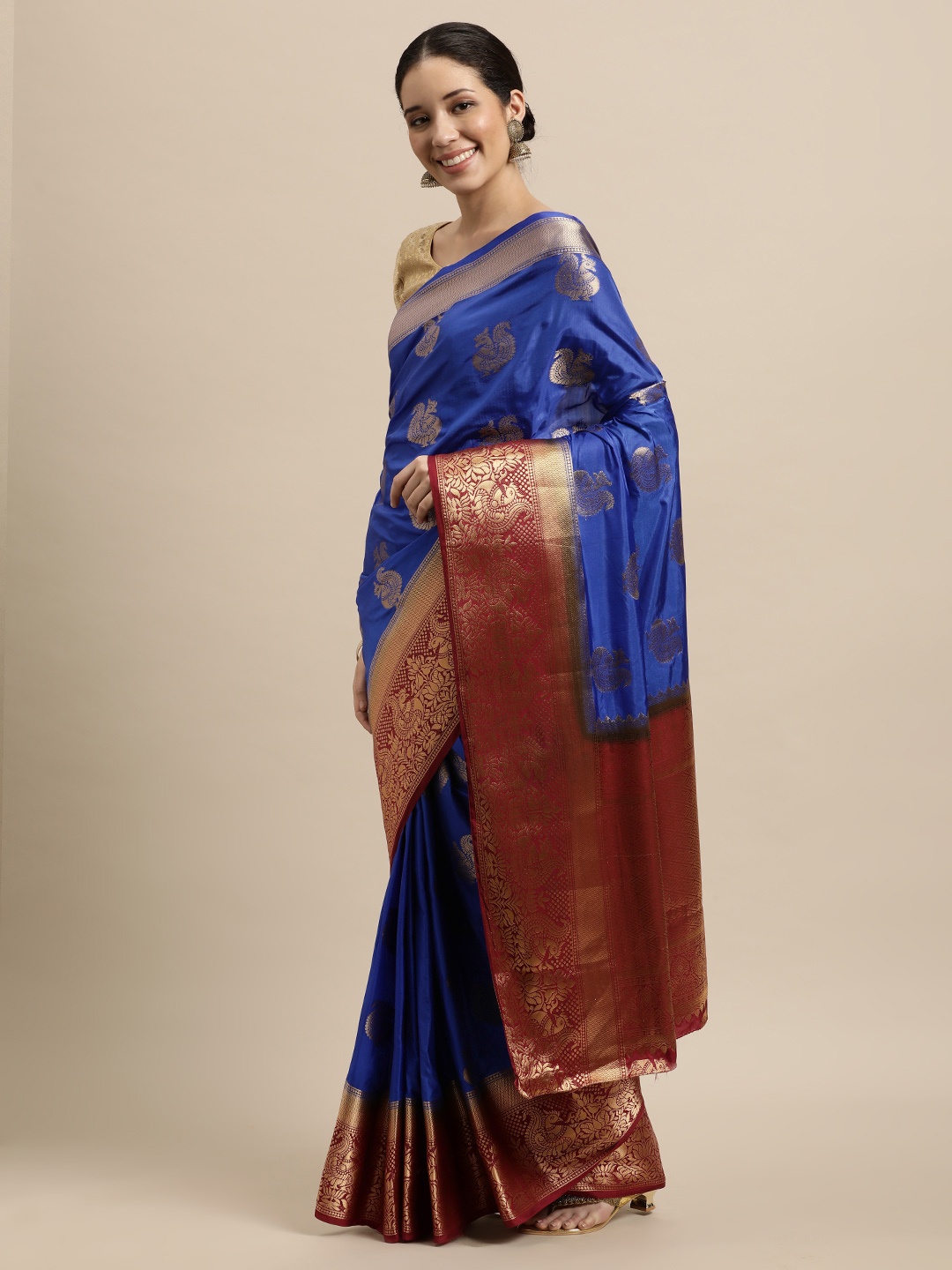 

Mitera Blue & Gold-Toned Ethnic Motifs Art Silk Kanjeevaram Saree