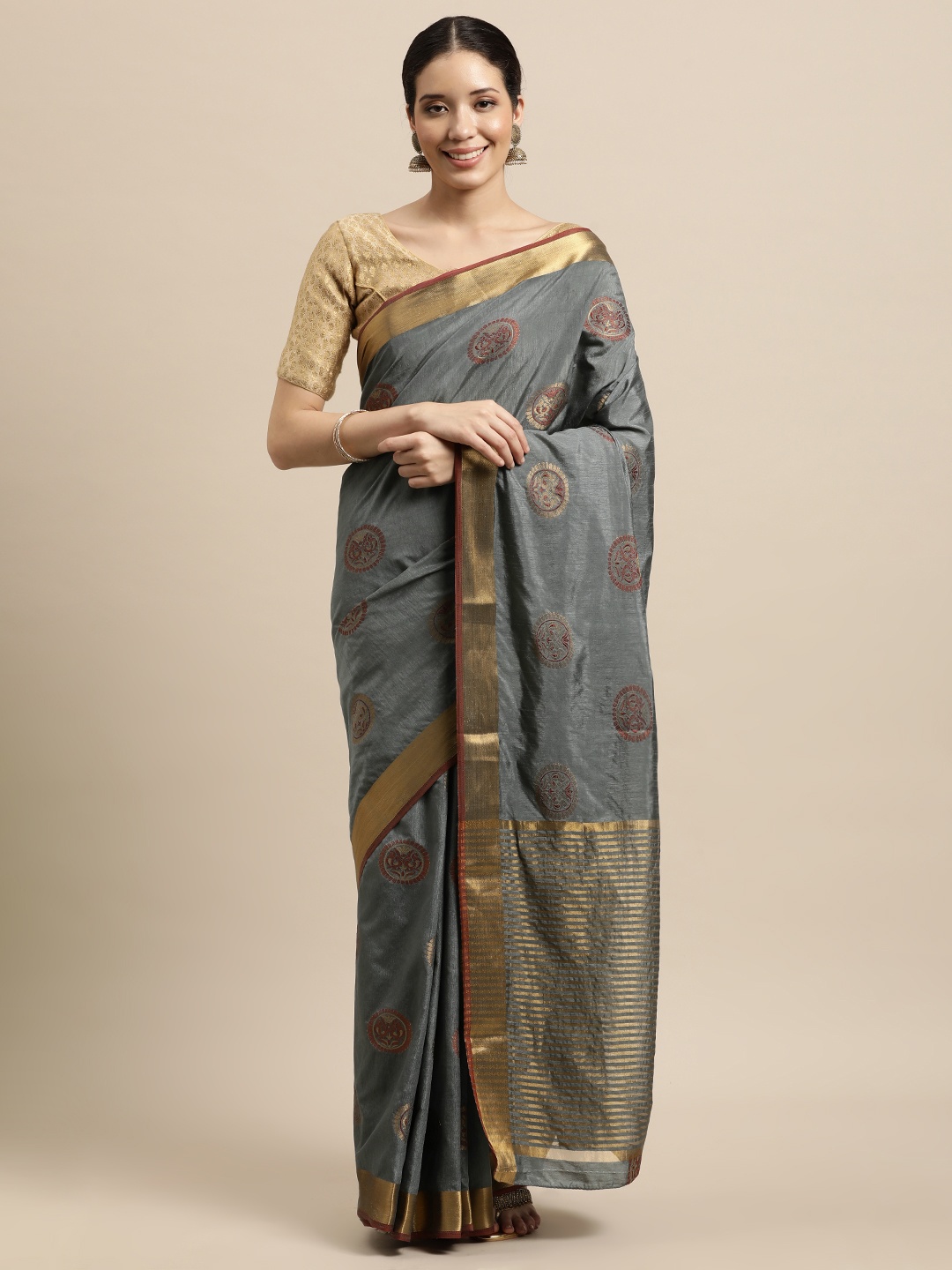 

Mitera Grey & Gold-Toned Ethnic Motifs Zari Art Silk Kanjeevaram Saree