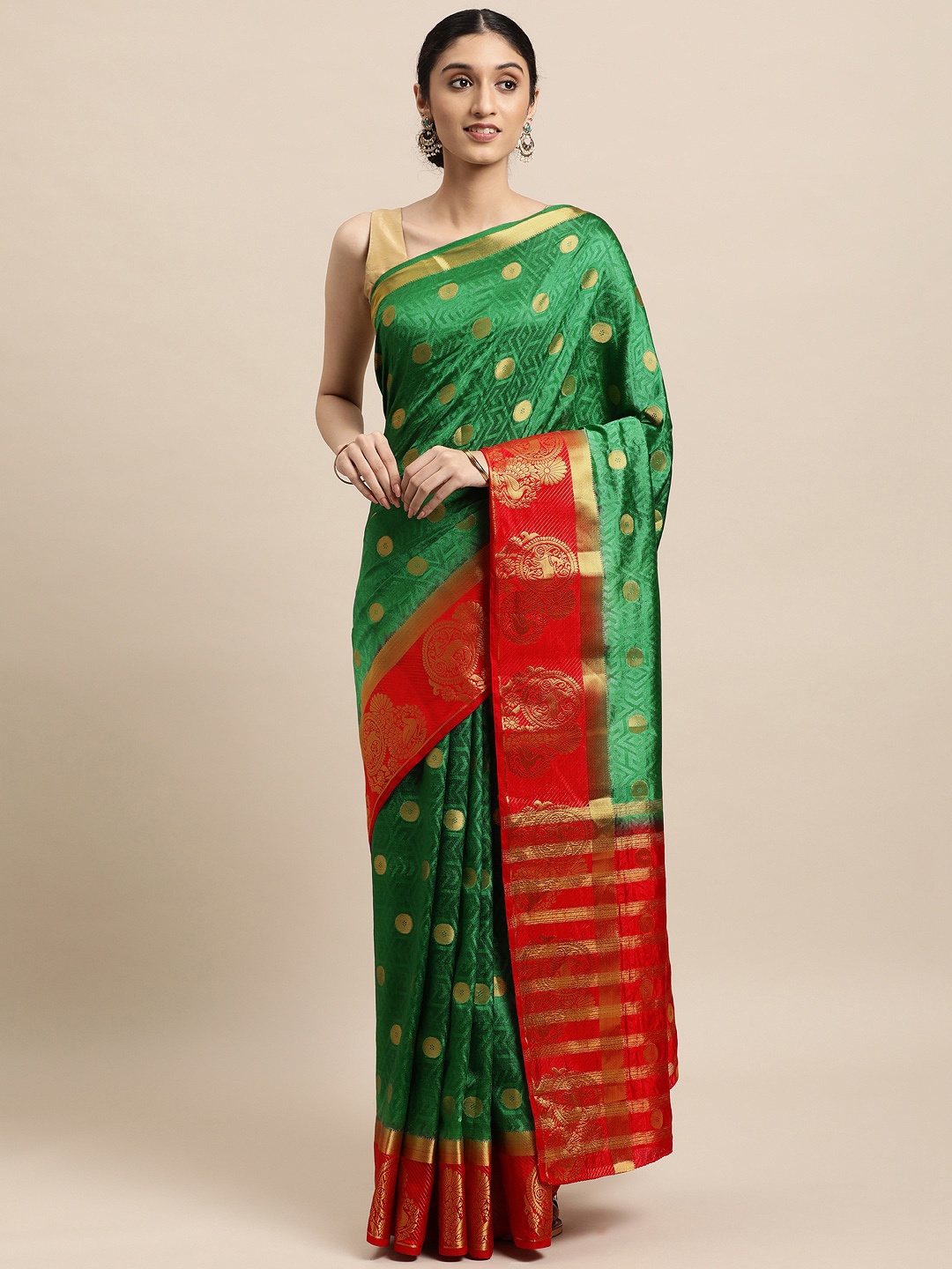 

Mitera Green & Gold-Toned Ethnic Motifs Zari Art Silk Kanjeevaram Saree