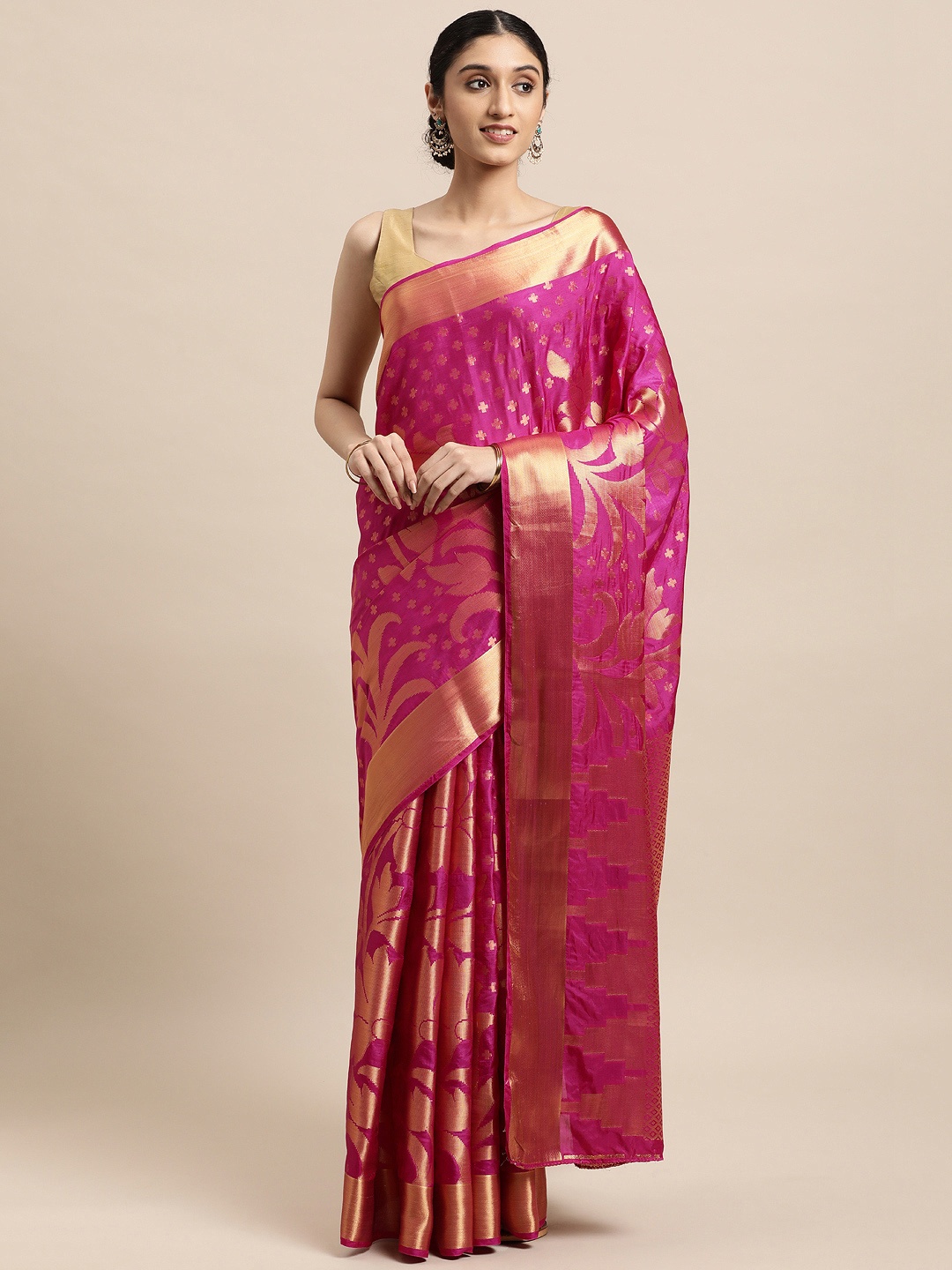

Mitera Pink & Gold-Toned Floral Zari Art Silk Kanjeevaram Saree