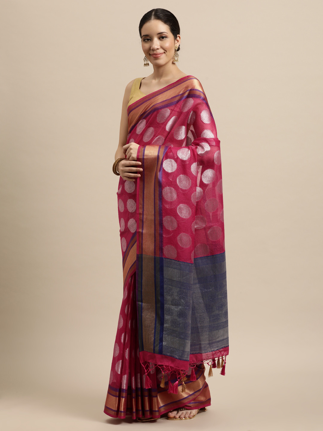 

Mitera Pink & Silver-Toned Ethnic Motifs Zari Art Silk Banarasi Saree