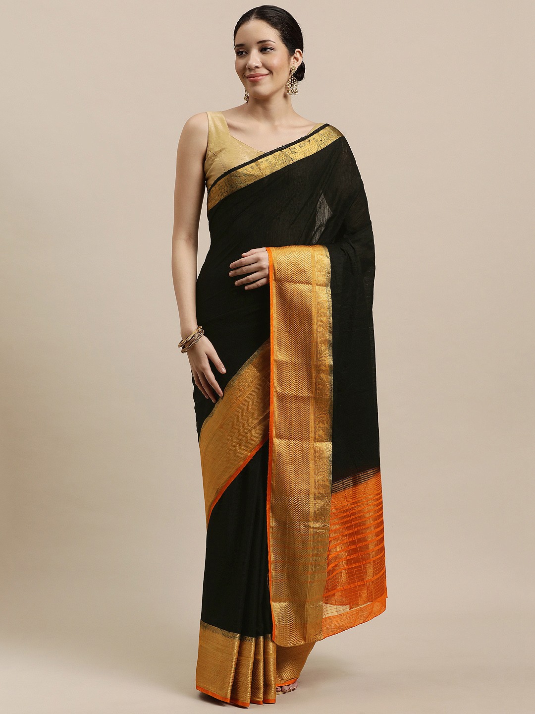 

Mitera Black Linen Blend Kanjeevaram Saree