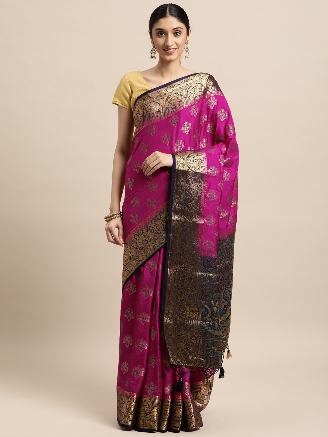 

Mitera Pink & Gold-Toned Ethnic Motifs Zari Art Silk Kanjeevaram Saree