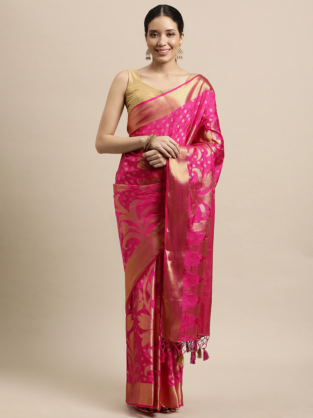 

Mitera Pink & Gold-Toned Floral Zari Art Silk Kanjeevaram Saree