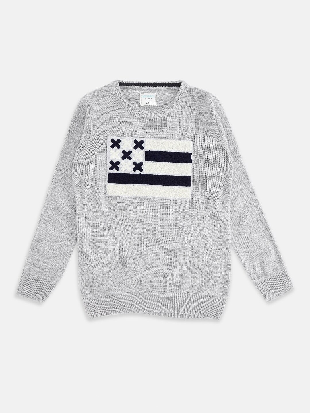 

Pantaloons Junior Boys Grey Melange & White Acrylic Printed Pullover with Applique Detail