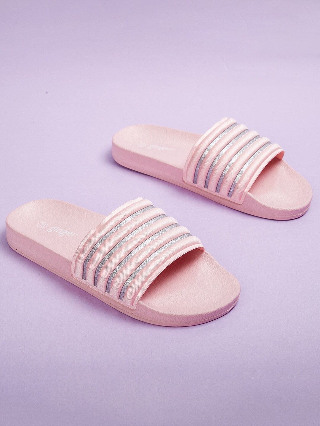 

Ginger by Lifestyle Women Pink & Silver-Toned Striped Sliders