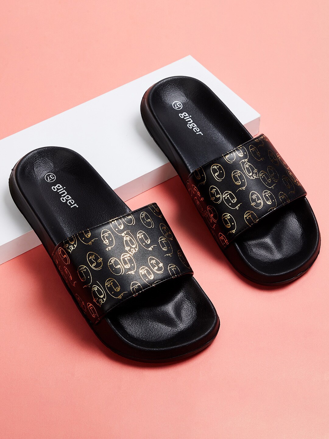 

Ginger by Lifestyle Women Black & Gold-Toned Printed Sliders