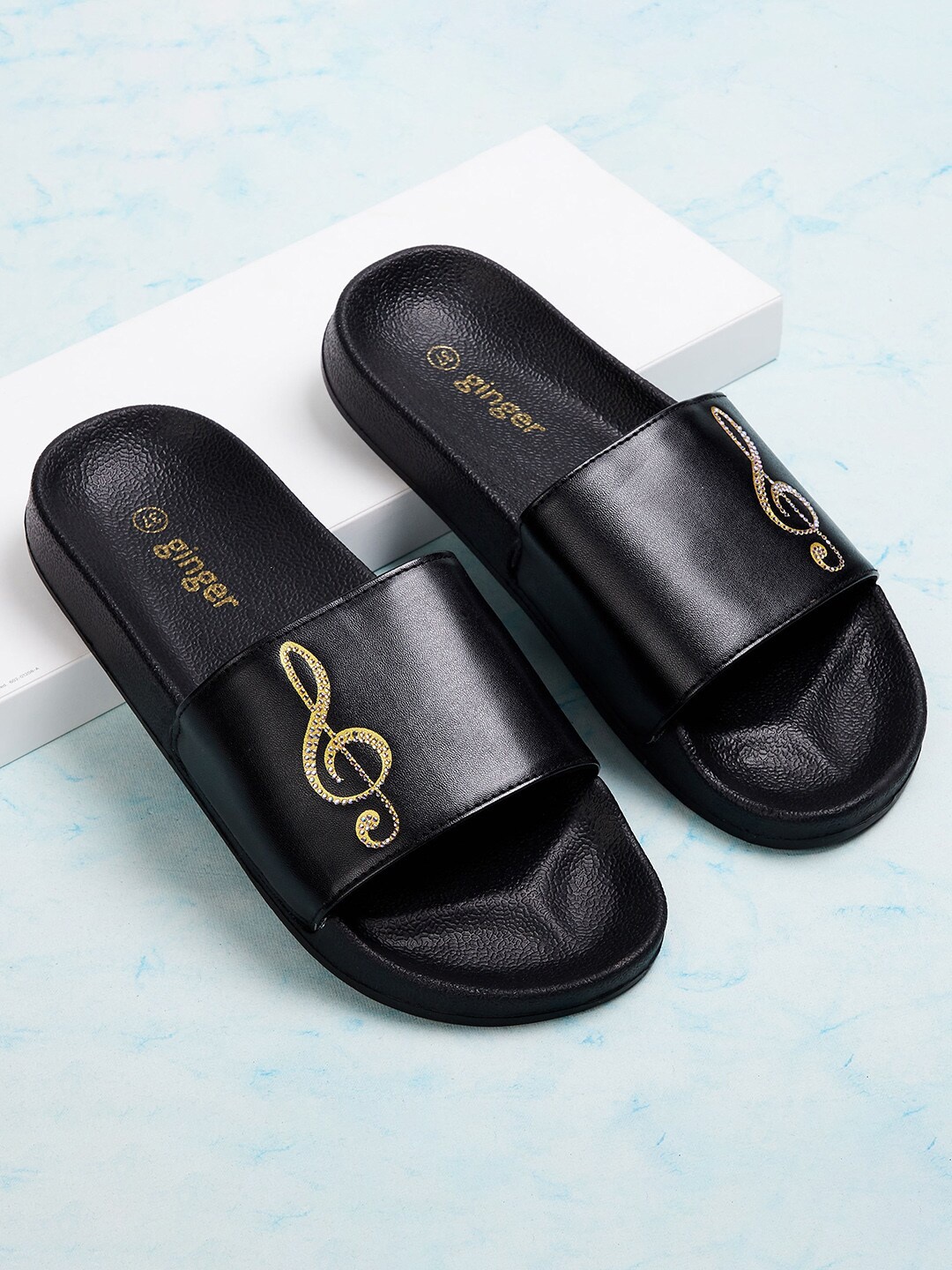 

Ginger by Lifestyle Women Black & Gold-Toned Embellished Sliders