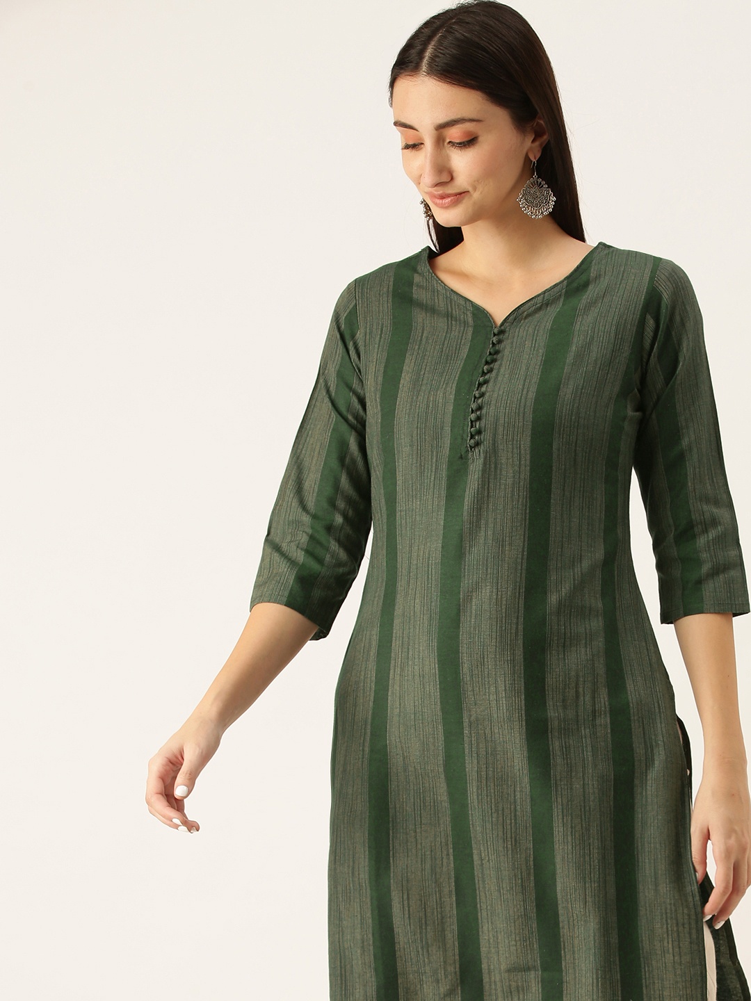 

Saanjh Green Striped V-Neck Kurti