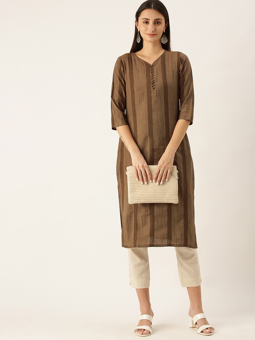 

Saanjh Brown Striped V-Neck Kurti