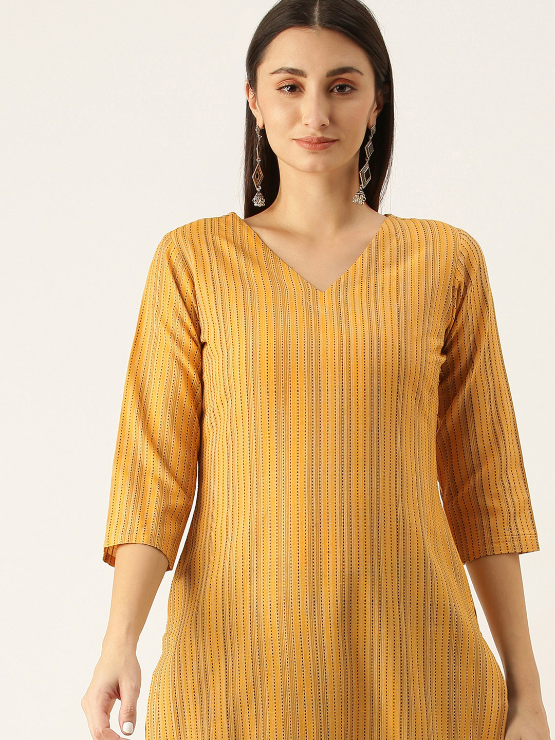 

Saanjh Yellow Striped V-Neck Kantha Work Kurti