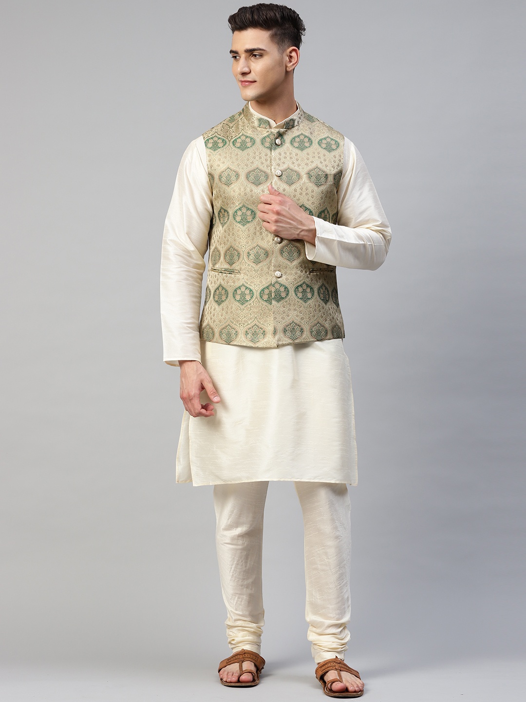 

MANQ Men Cream-Coloured & Beige Solid Kurta with Churidar & Woven Design Nehru Jacket