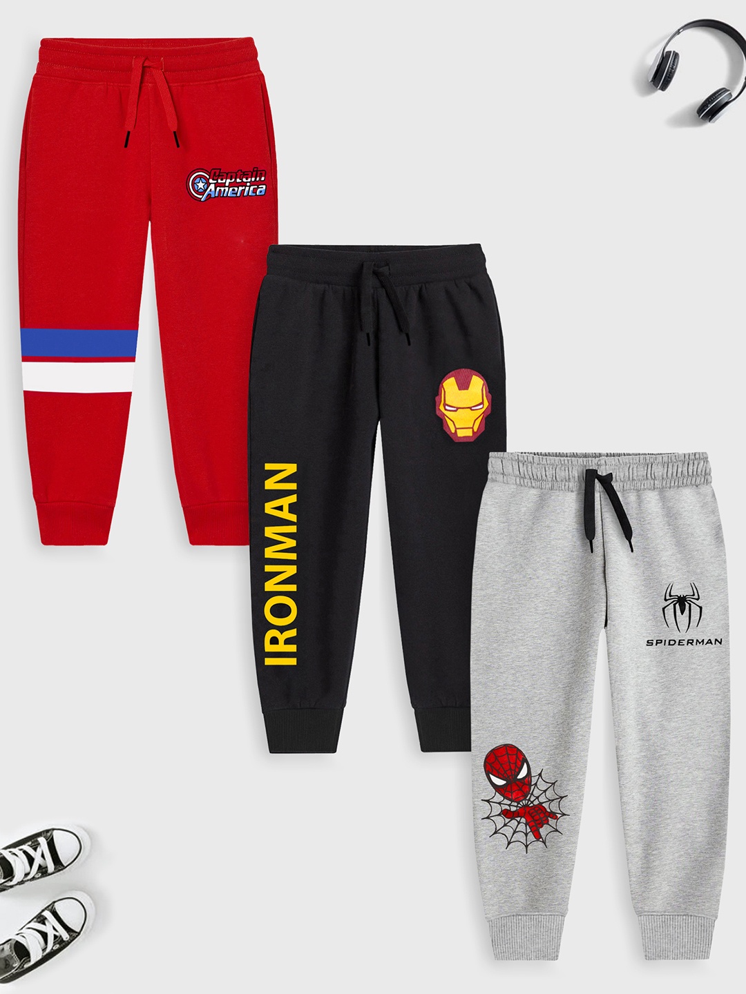 

YK Marvel Boys Pack of 3 Red & Black Cotton Printed Track Pants
