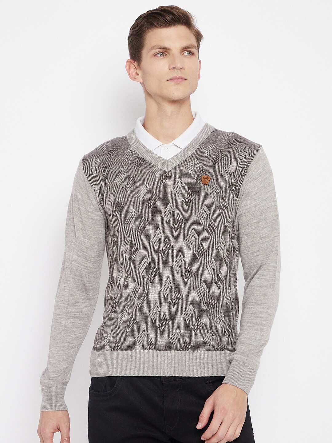 

Duke Men Brown & Grey Geometric Wool Pullover
