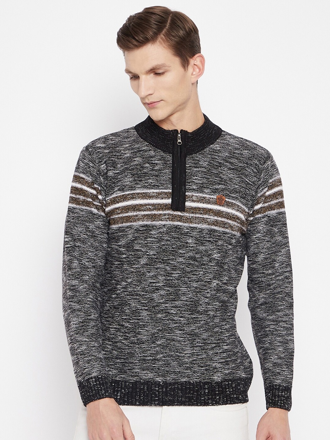 

Duke Men Black & White Printed Pullover with Zip Detail