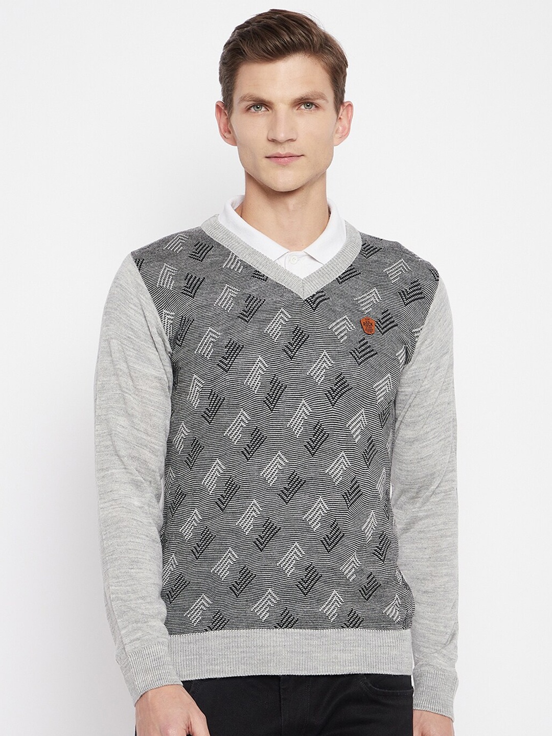 

Duke Men Grey Self Design Pullover Wool Sweater