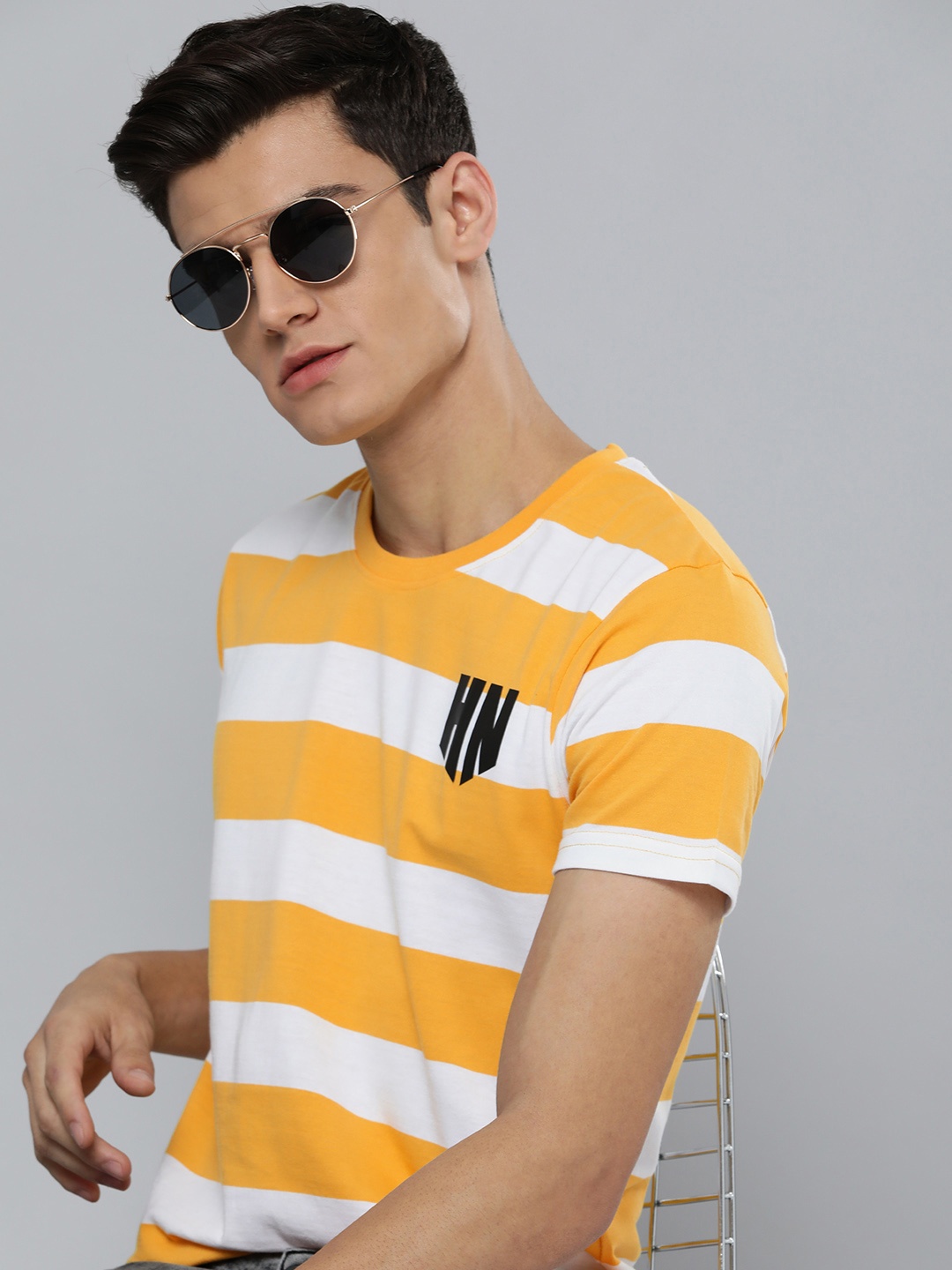 

HERE&NOW Men White & Yellow Striped T-shirt