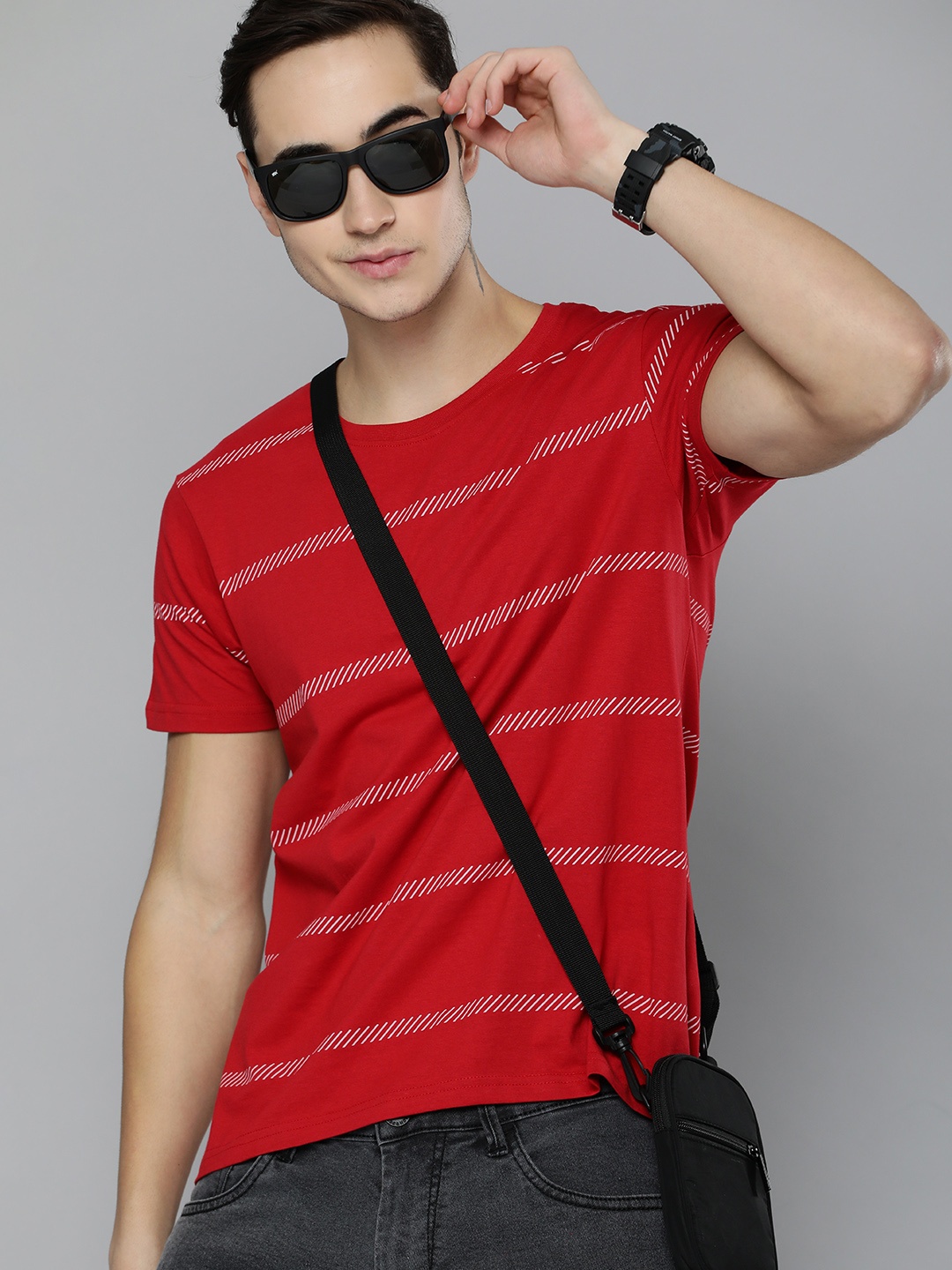 

HERE&NOW Men Red & White Striped Pure Cotton T-shirt
