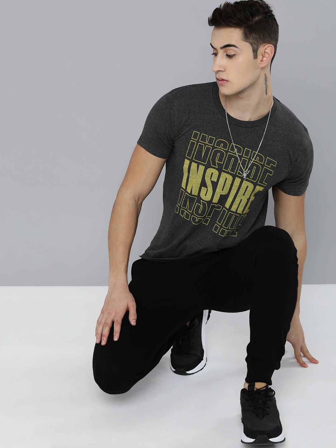 

HERE&NOW Men Charcoal & Yellow Printed T-shirt