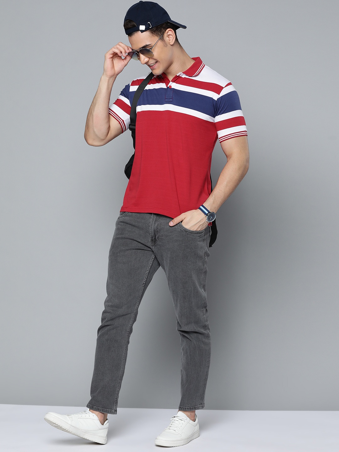 

HERE&NOW Men Red & White Striped Polo Collar T-shirt