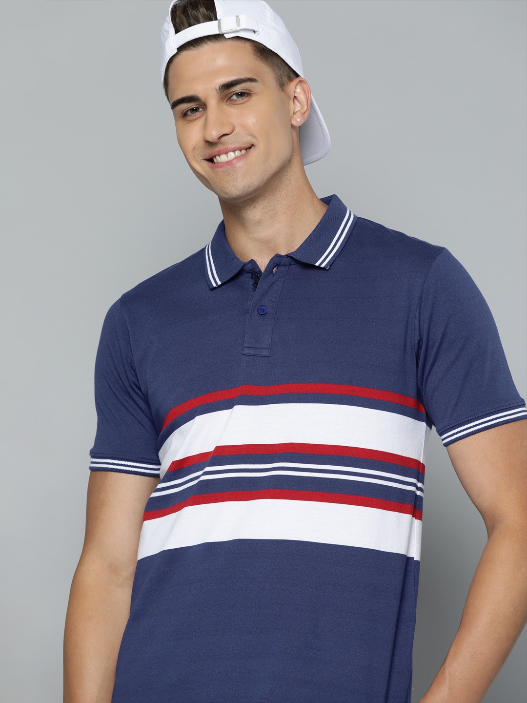 

HERE&NOW Men Navy Blue & White Striped Polo Collar T-shirt
