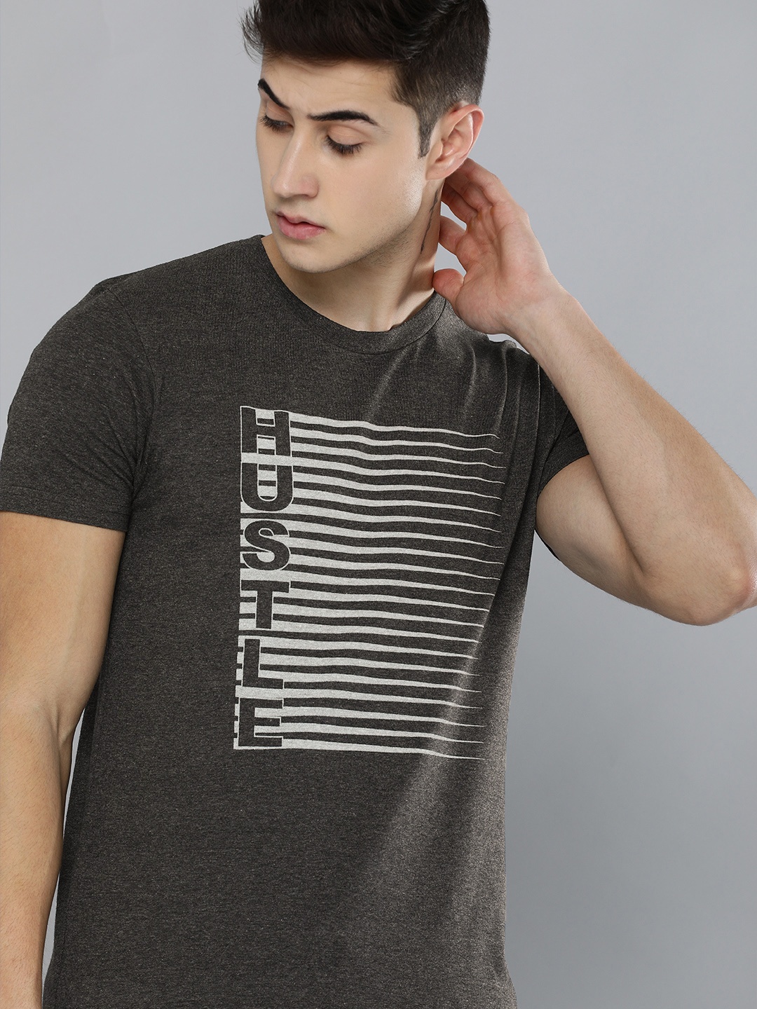 

HERE&NOW Men Grey Striped Printed Casual T-shirt