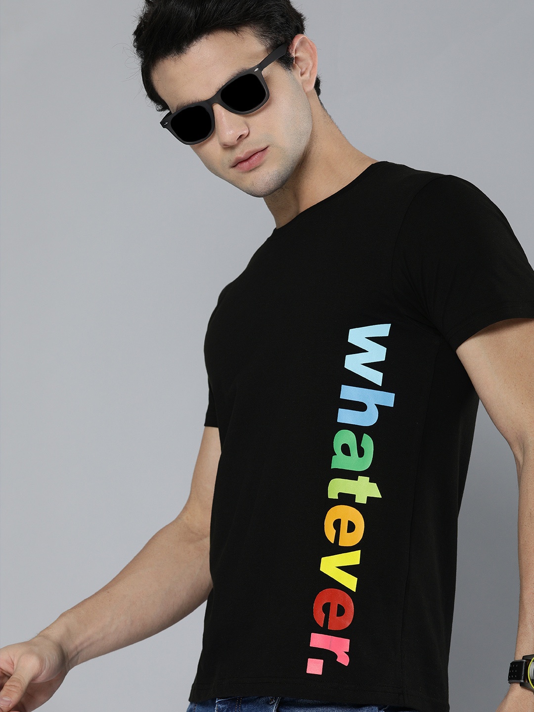 

HERE&NOW Men Black Typography Printed Pure Cotton Regular T-shirt
