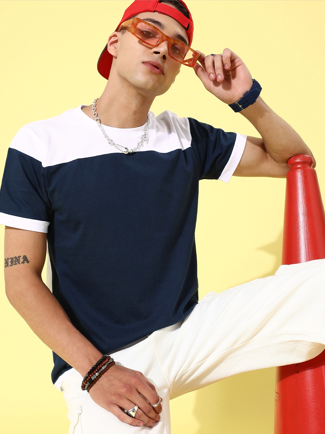 

HERE&NOW Men Navy Blue & White Colourblocked Casual T-shirt