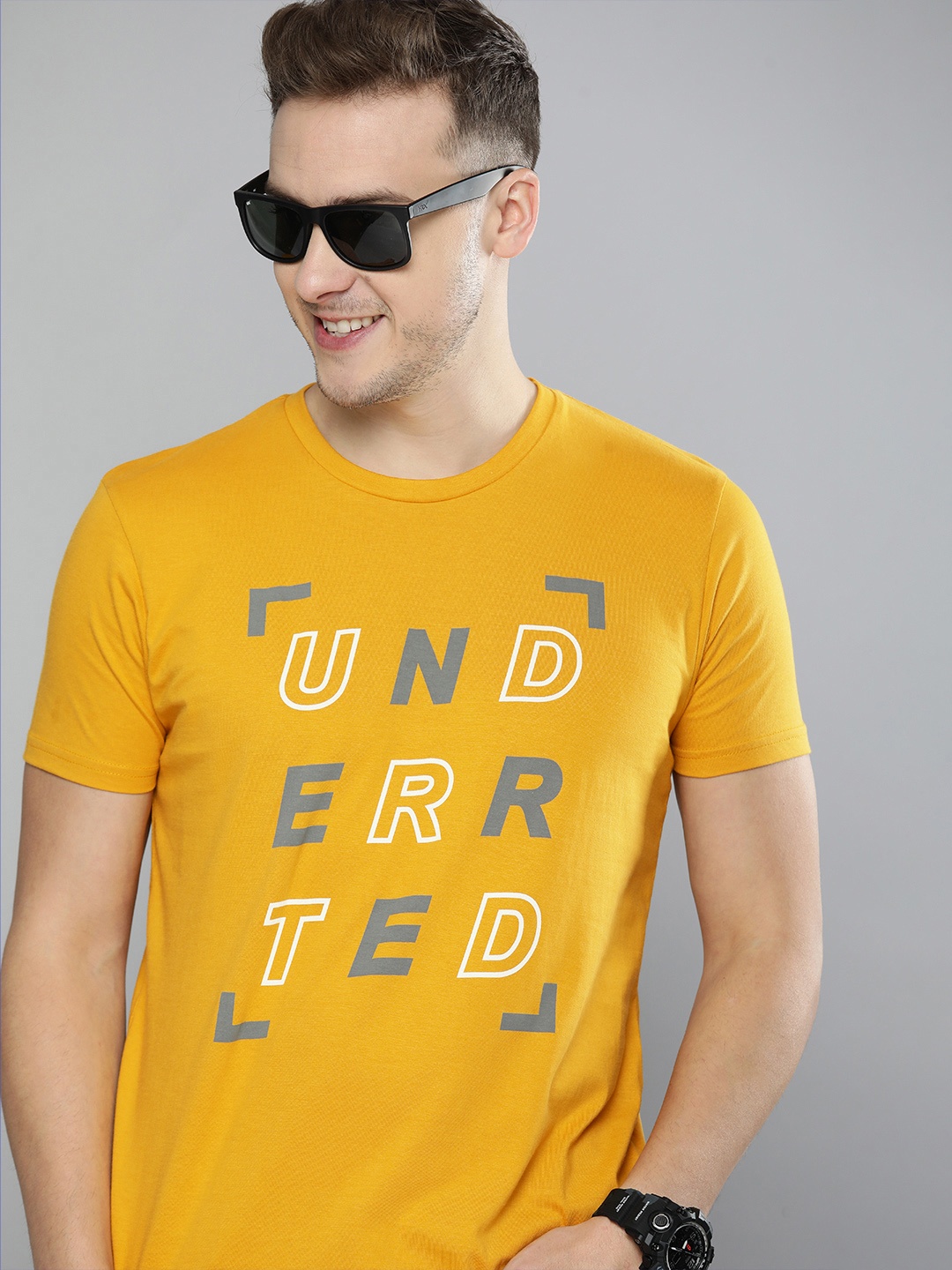 

HERE&NOW Men Mustard Yellow Typography Printed T-shirt