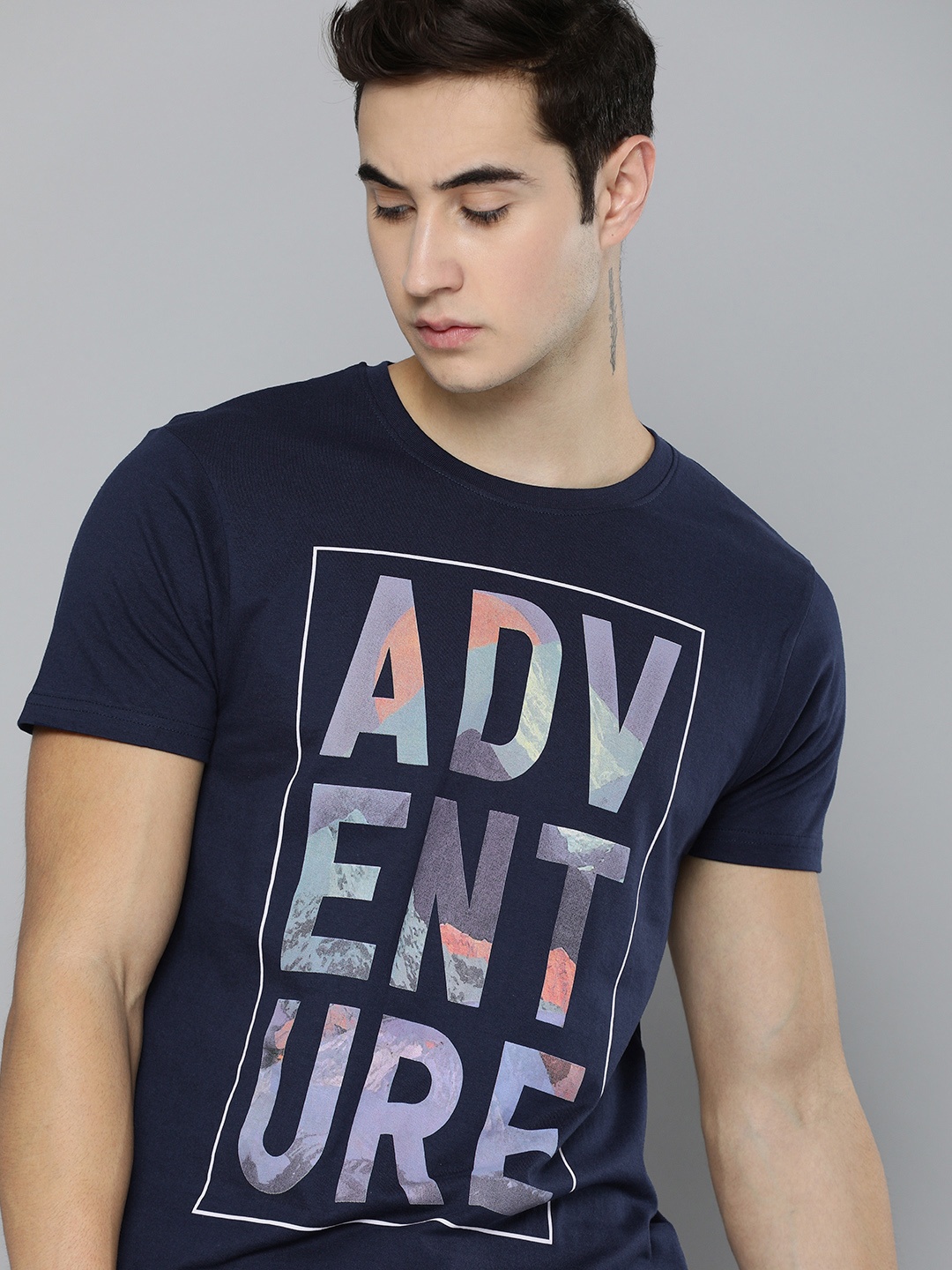 

HERE&NOW Men Navy Blue Typography Printed Pure Cotton T-shirt