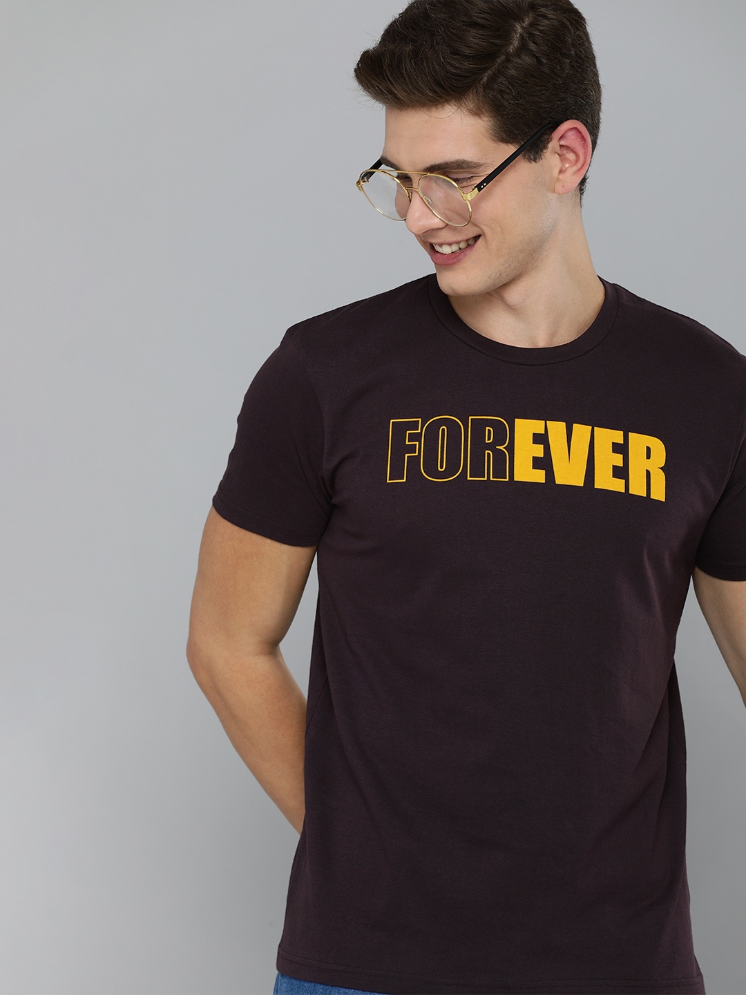 

HERE&NOW Men Coffee Brown & Yellow Typography Printed Pure Cotton T-shirt