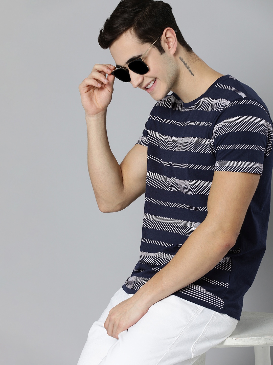 

HERE&NOW Men Navy Blue & White Striped Pure Cotton T-shirt