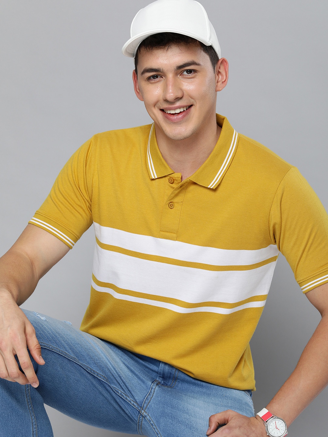 

HERE&NOW Men Mustard Yellow & White Striped Polo Collar T-shirt