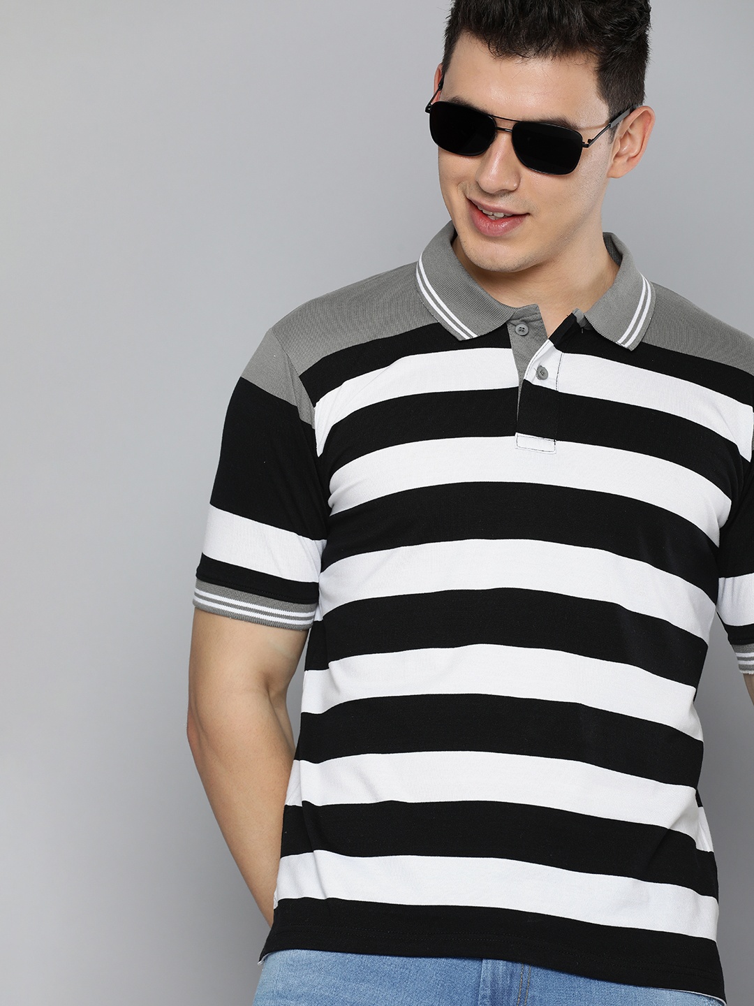 

HERE&NOW Men White & Black Striped Polo Collar T-shirt