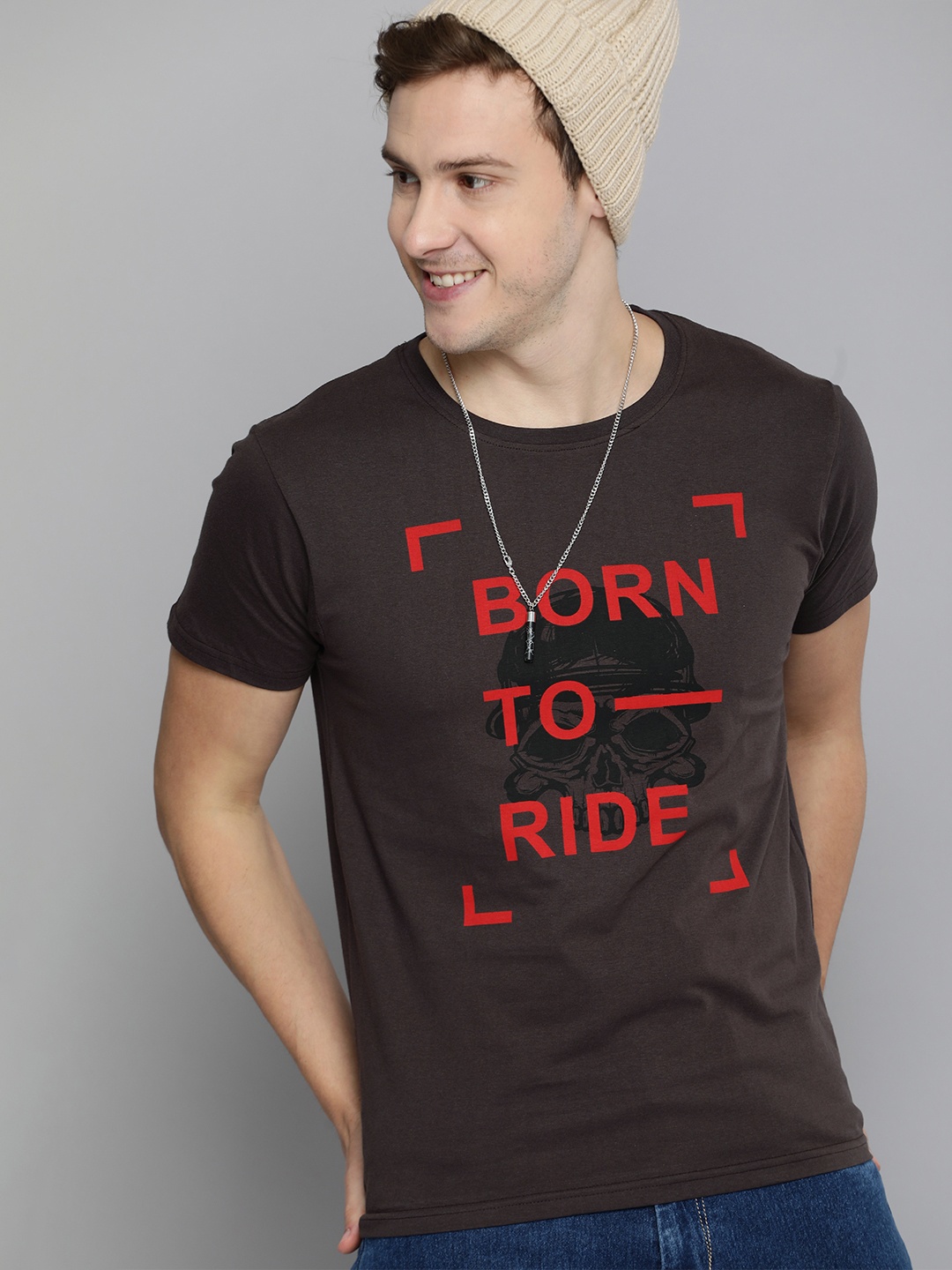 

HERE&NOW Men Coffee Brown Typography Printed Round Neck Pure Cotton T-shirt