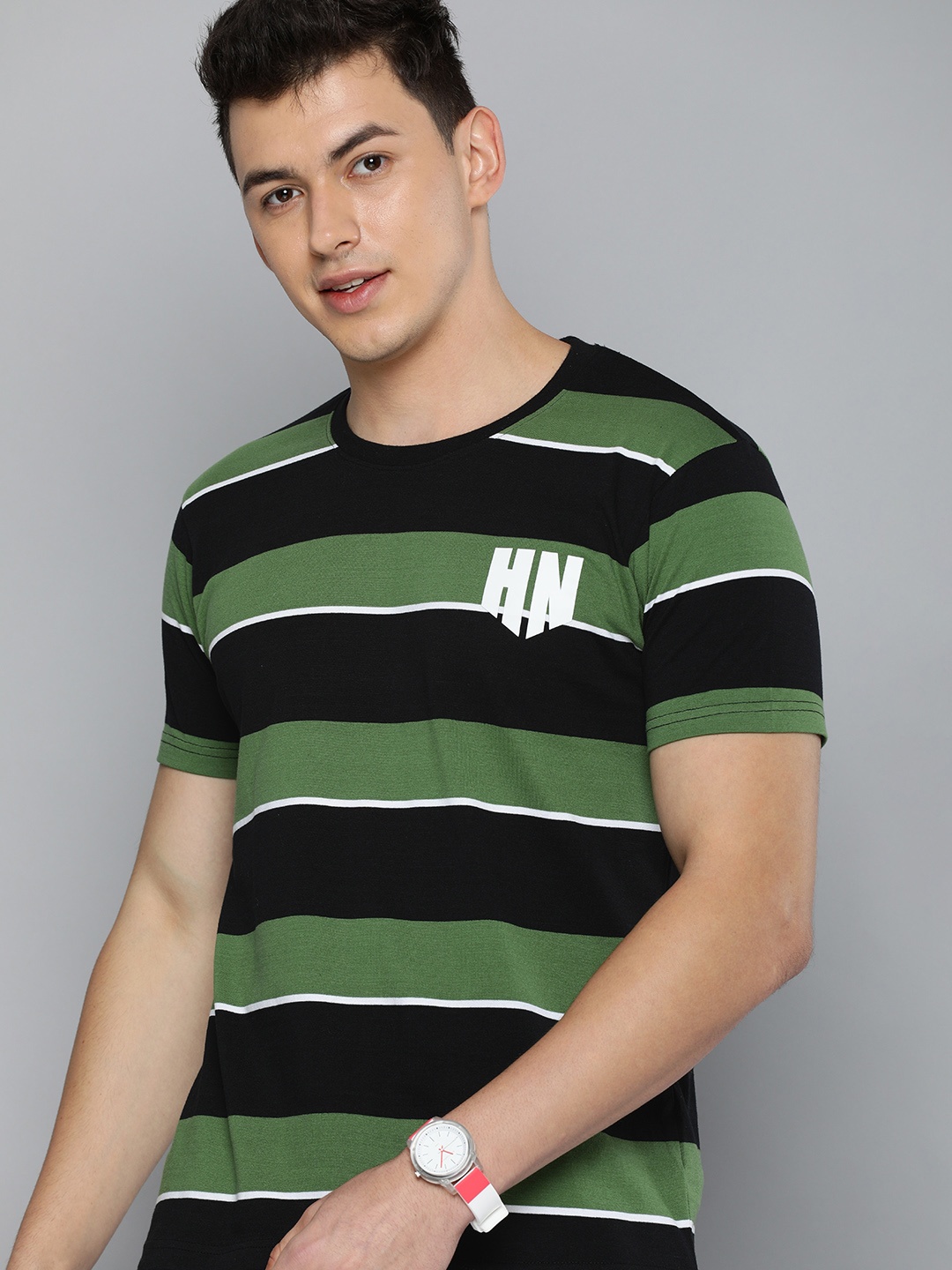 

HERE&NOW Men Black & Olive Green Striped T-shirt