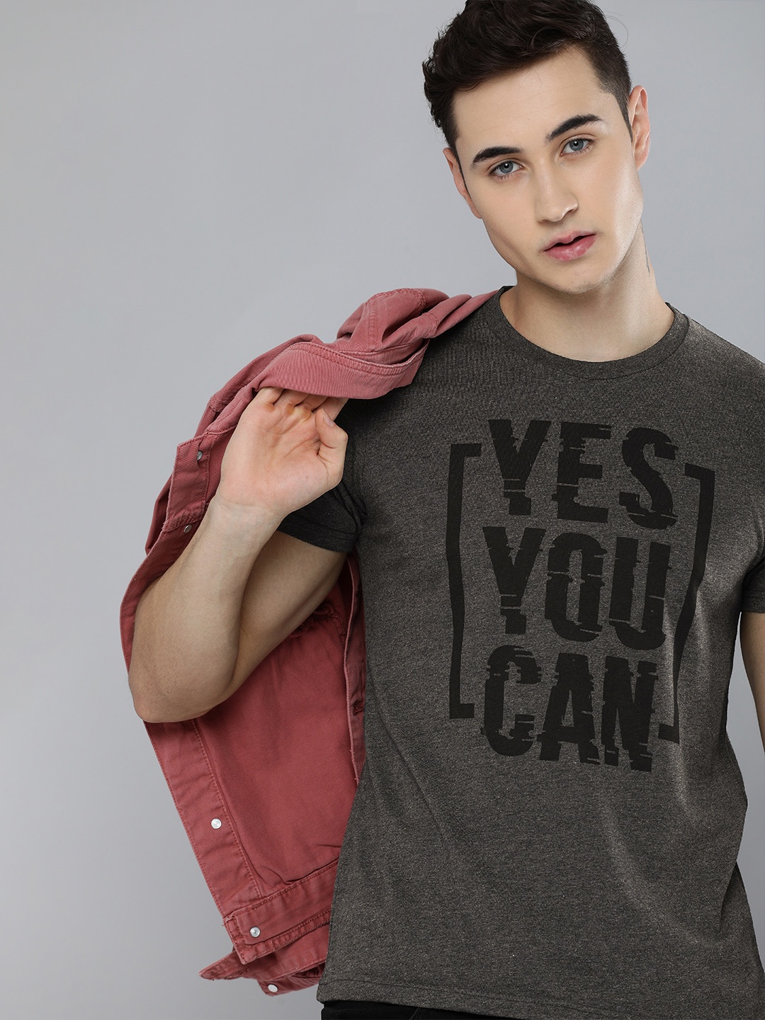 

HERE&NOW Men Charcoal & Black Printed T-shirt