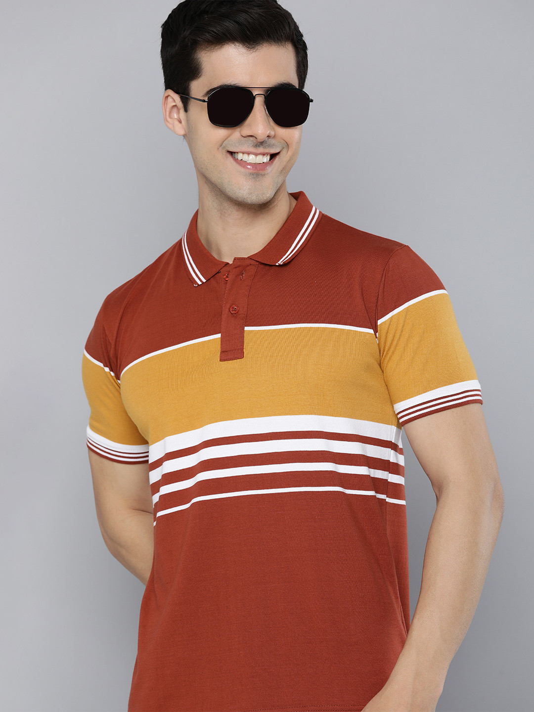 

HERE&NOW Men Mustard Yellow & Rust Orange Striped Polo Collar T-shirt